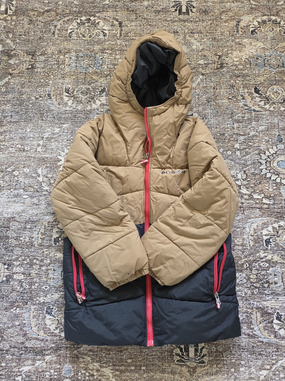 Columbia Hooded Puffer Jacket in Tan, Black and Red Accents